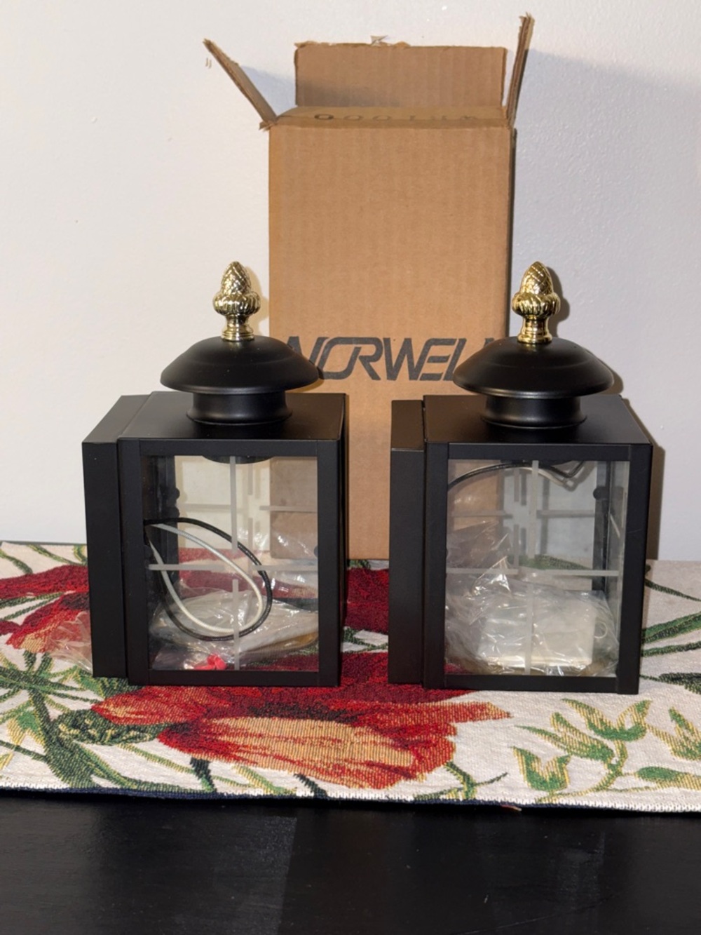 Pair of Black Outdoor Lantern Wall Sconces Lights with Gold Finials Norwell - Picture 4 of 11
